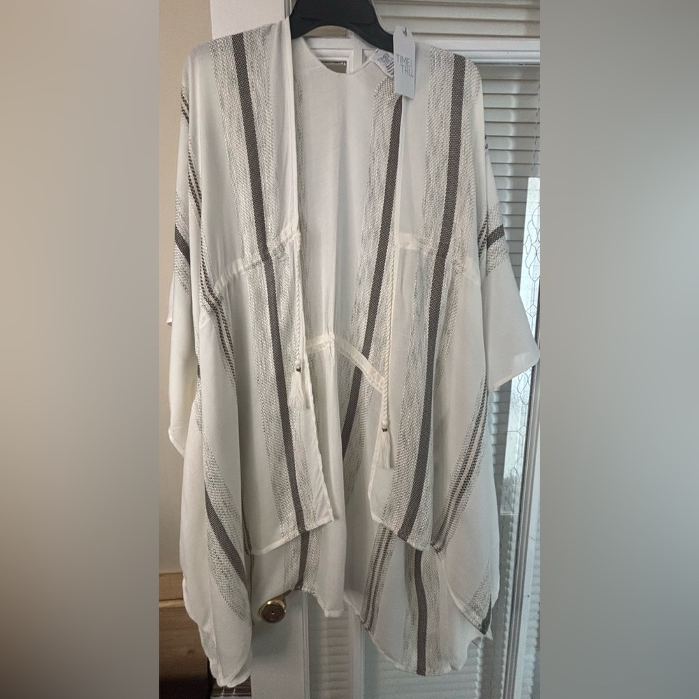 Lightweight Cream & Gray Striped Open Kimono/Swimsuit Cover Up-One size fits All